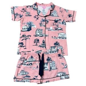 Katie Kime Charleston Toile Pajama Set Lg Pink Navy Short Sleeve Shorts Womens L